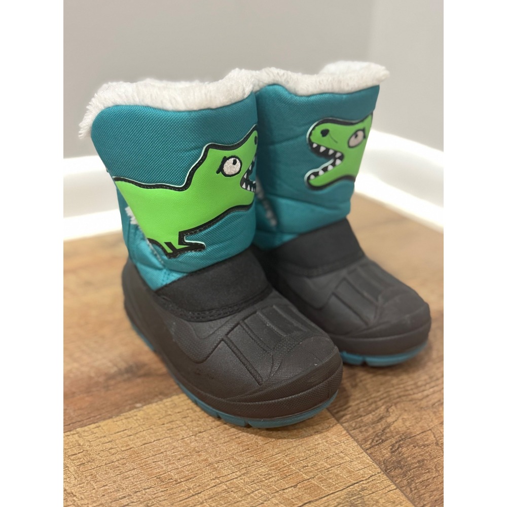 Morendi Kids Dinosaur Snow Boots Teal Green T-Rex Faux Fur Lined Winter Size 10